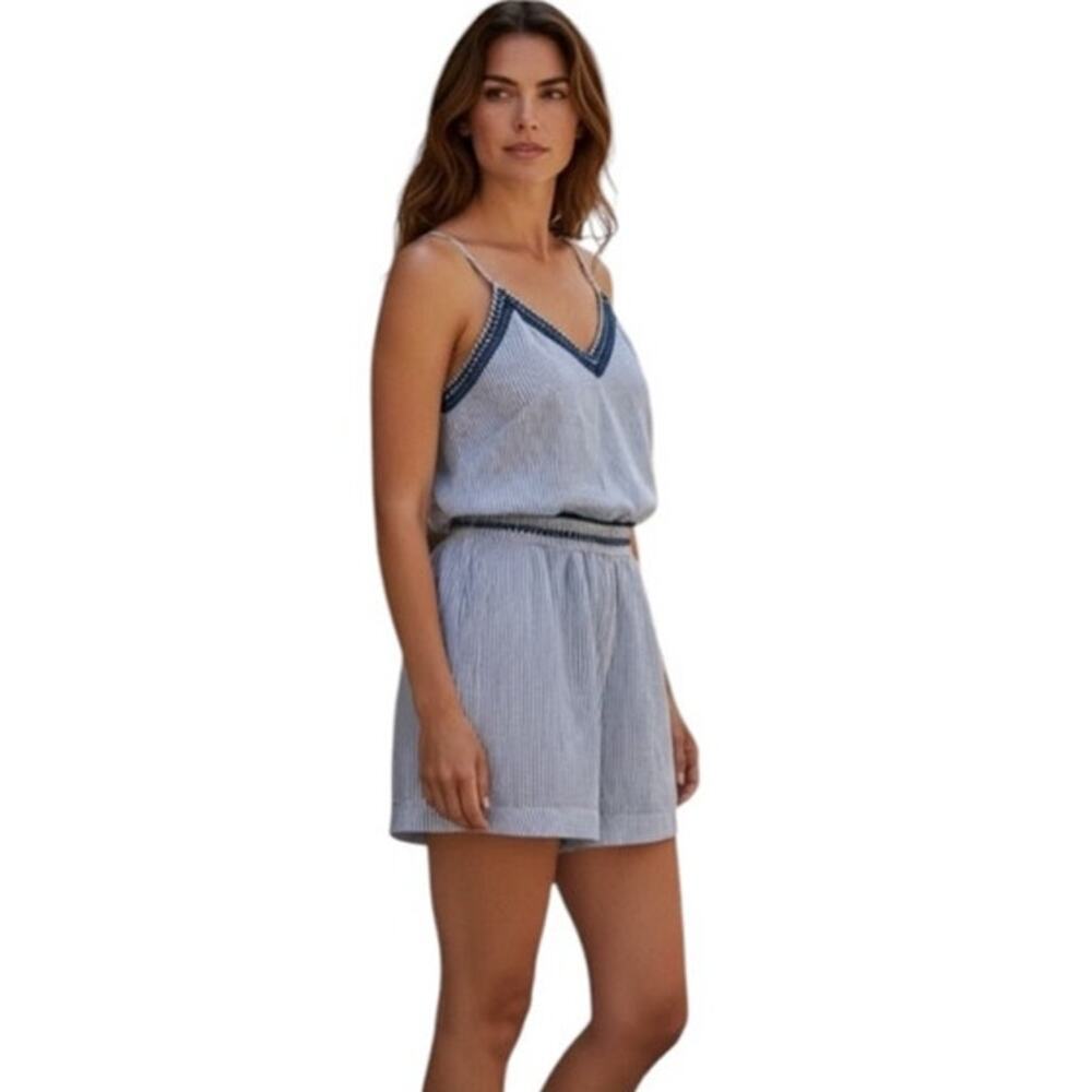 Japna Romper Adjustable straps. Pockets. Blue/White Stripes size small